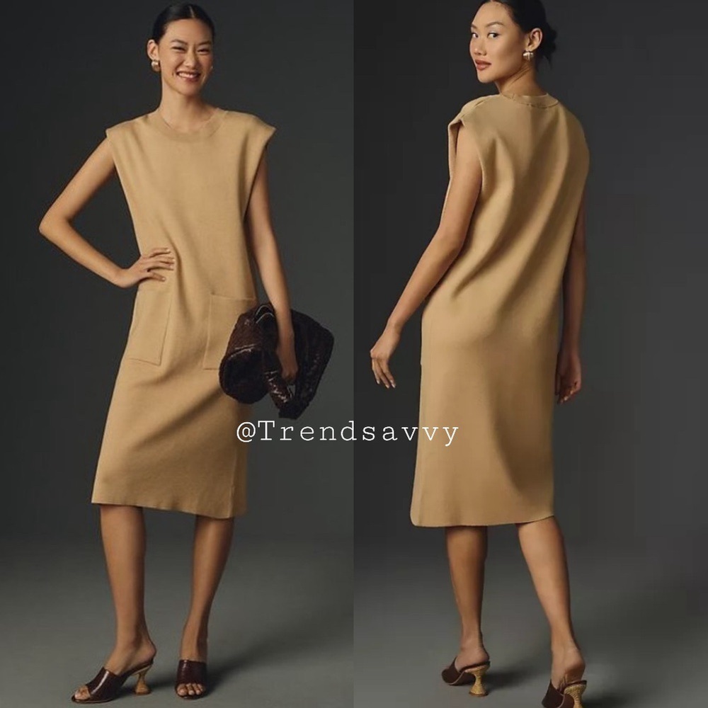 Anthropologie Maeve Tan Knit Midi Sweater Dress Medium Sleeveless Column Pockets